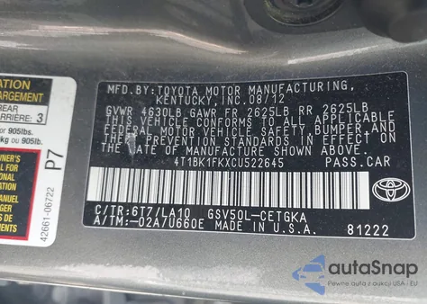 2012 Toyota Camry Xle V6 z USA, uszkodzony, nr VIN 4T1BK1FKXCU522645